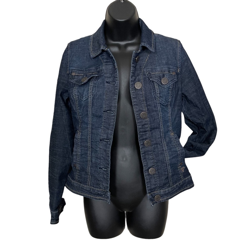 Euc Guess denim jacket, darker blue, side pockets, size medium.